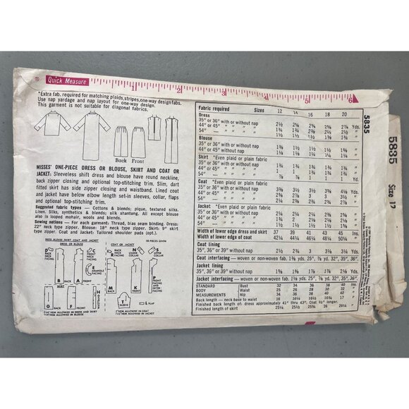 60s Simplicity 5835 Misses Sewing Pattern Size 12 Dress Blouse Skirt Jacket Coat - Picture 4 of 7